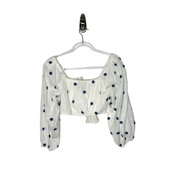 FARM Rio | Blue Embroidered Flowers Long Sleeve Crop Top Small - Picture 3 of 10